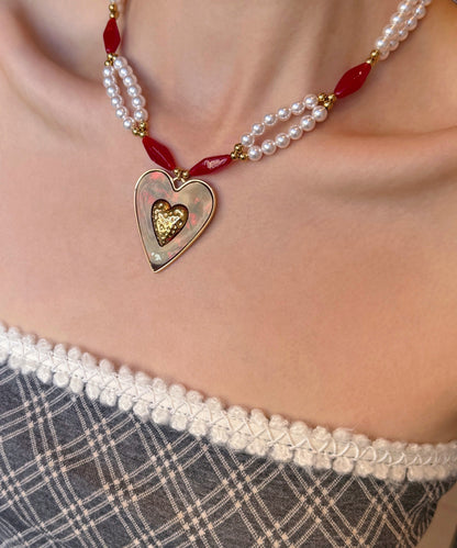Colorblock Alloy Pearl Love Glass Bead Pendant Necklace