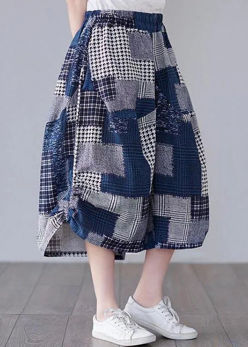 Blue Plaid Cinched Summer Cotton Linen Pants