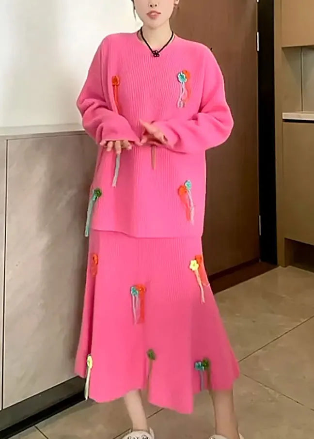 Style Rose O-neck Tasseled Knit Two Pieces Set Fall
