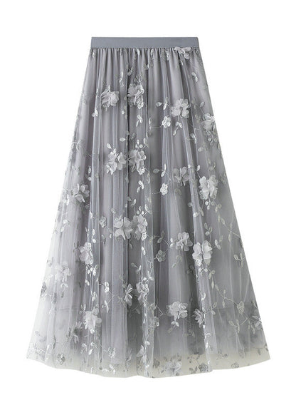 Simple Grey Embroideried Elastic Waist Tulle a Line Skirts Spring