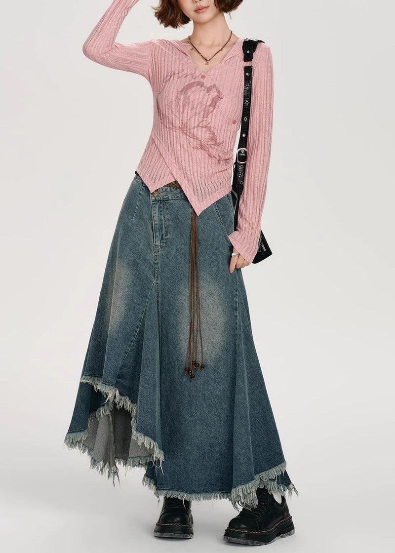 Diy Pink Asymmetrical Print Knit Tops Spring