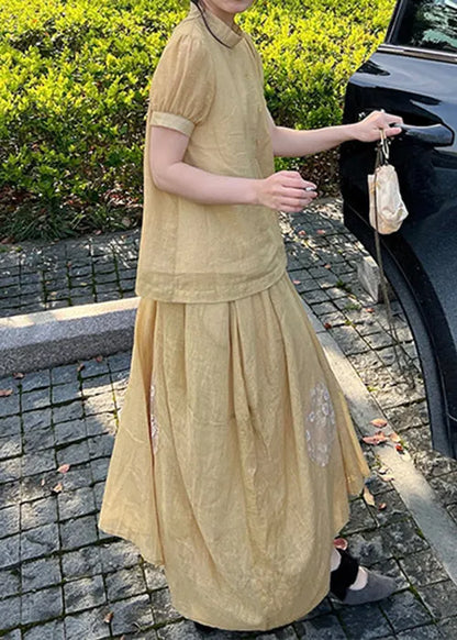 Art Yellow Lace Patchwork Tops and Skirts Two Pieces Set Summer