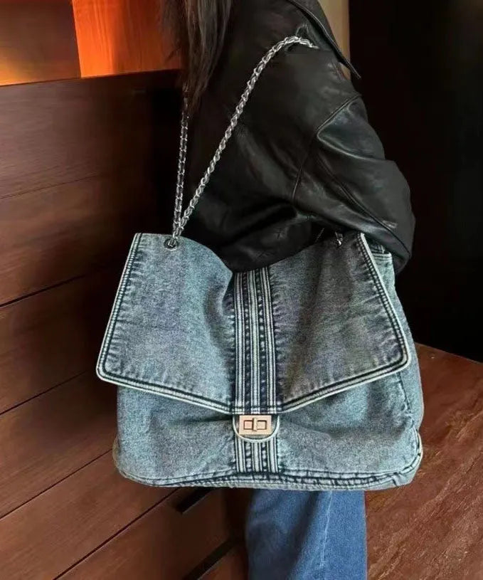 New Light Blue Large Capacity Chain Denim Shoulder Bag