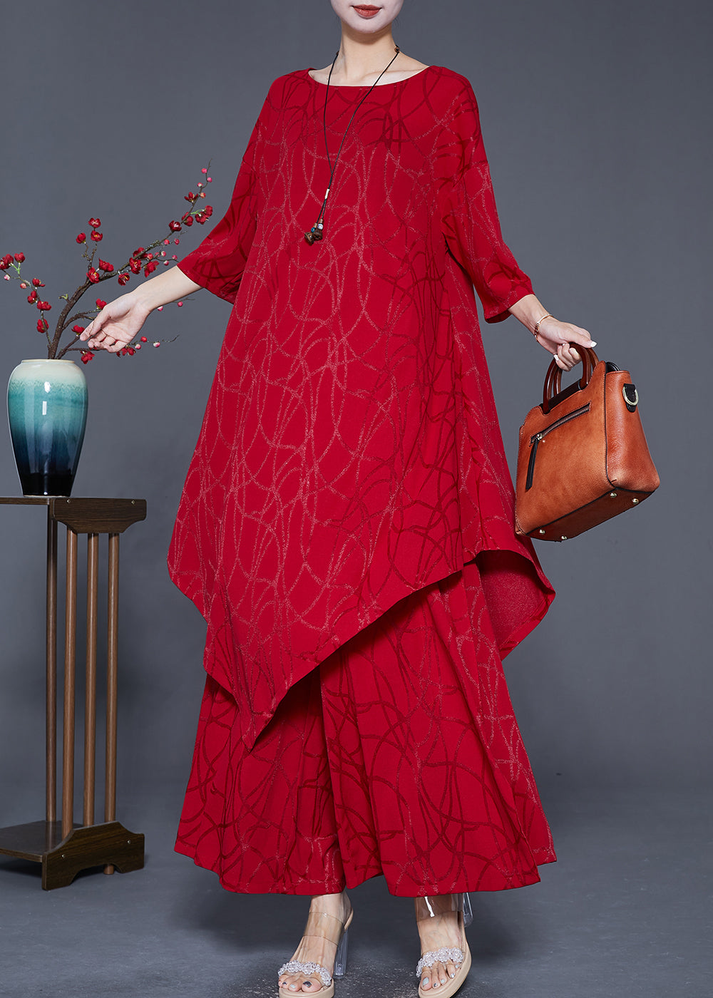 Red Asymmetrical Oversized Silk Two Pieces Set Summer