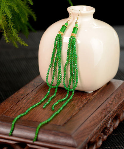 Green Silver Agate Jadeite Dry Green Tassel Drop Earrings