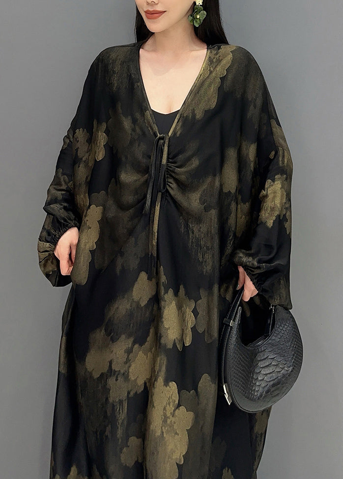Black V Neck Print Holiday Maxi Dress Long Sleeve