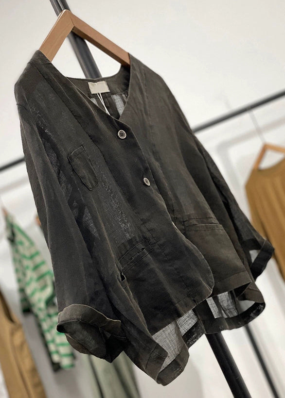 Black Pockets Linen Cardigan V Neck Long Sleeve