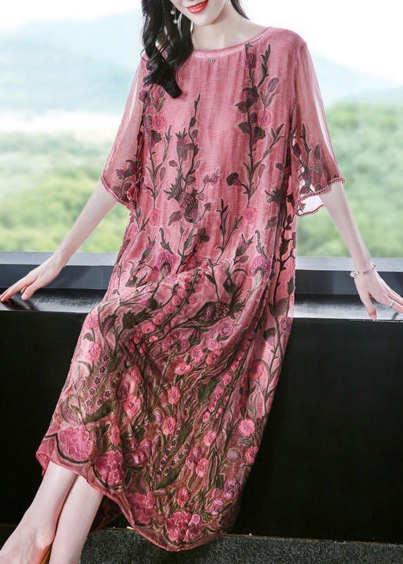 Modern Pink O-neck Embroideried Silk a Line Dress Half Sleeve