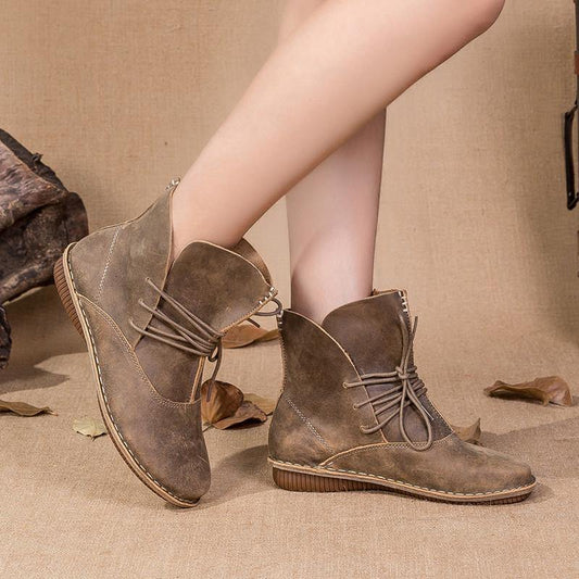Cross Strap Khaki Cowhide Leather Ankle Boots