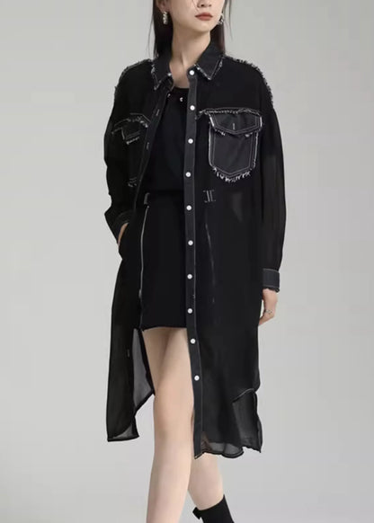 Unique Black Peter Pan Collar Pockets Patchwork Chiffon Upf 50+ Coats Summer