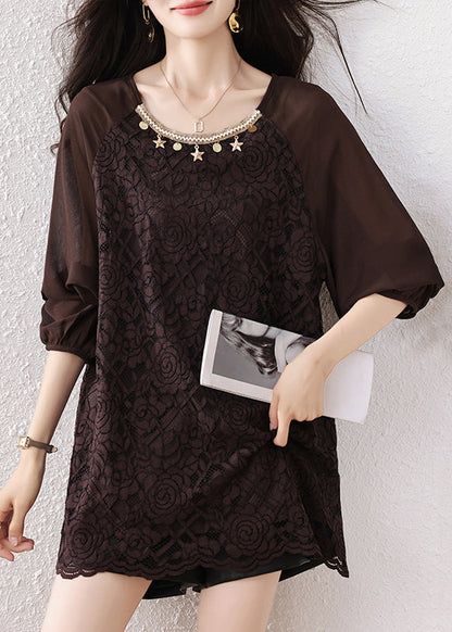 Chocolate Oversized Star Decorated Lace Shirt Tops Fall