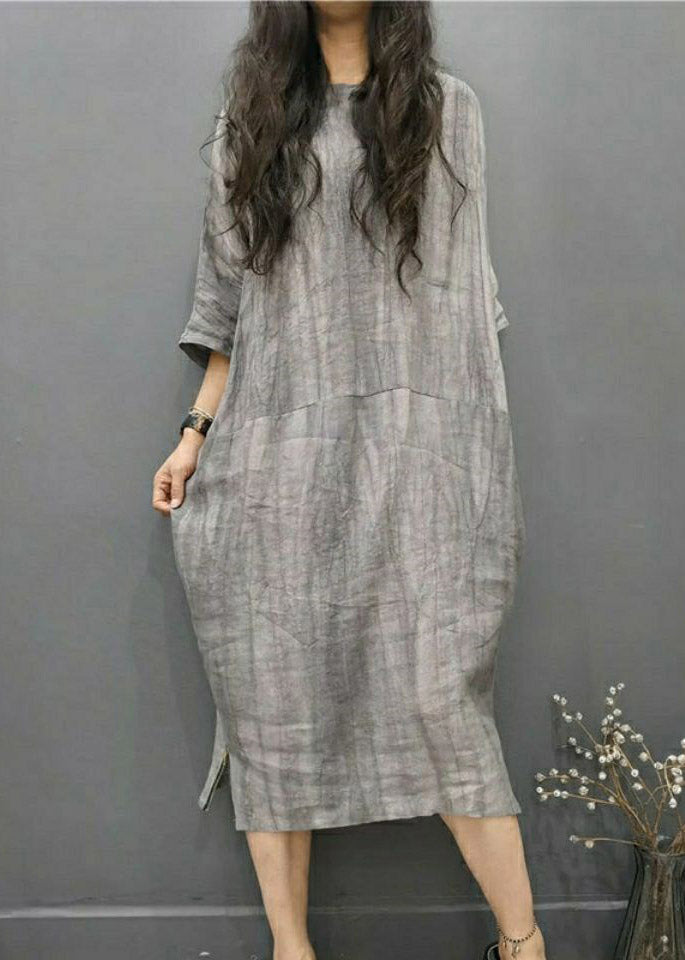 Grey O-neck Wrinkled Side Open Linen Long Dress Batwing Sleeve