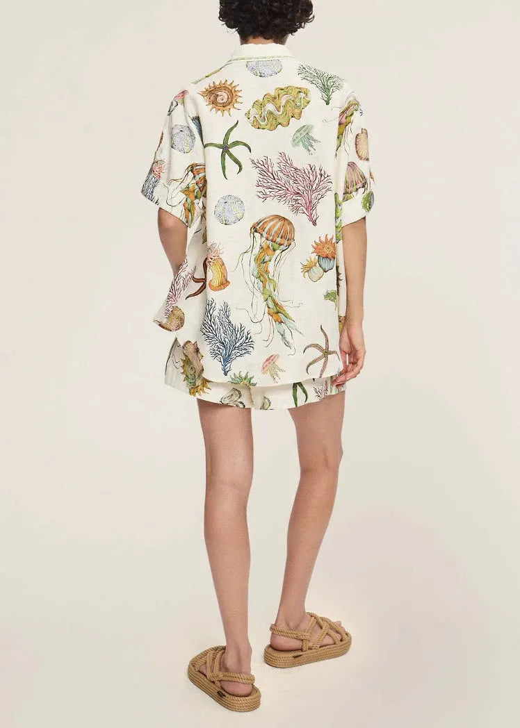 Italian Apricot Peter Pan Collar Shirts and Shorts Two Pieces Set Short Sleeve