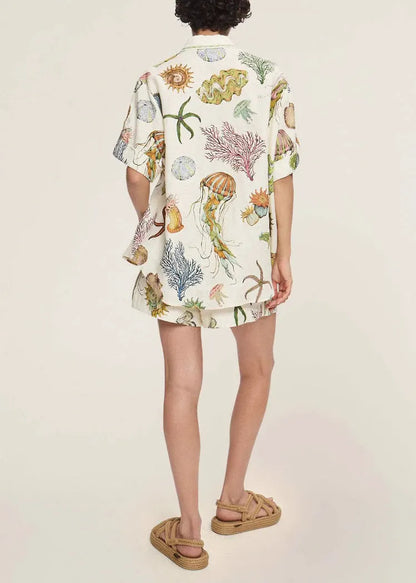 Italian Apricot Peter Pan Collar Shirts and Shorts Two Pieces Set Short Sleeve