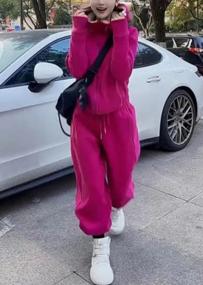 Simple Rose Hooded Coat and Pants Warm Fleece Two Pieces Set Spring