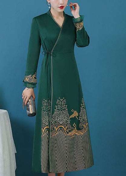 Green Tie Waist Print Silk Cinch Dress Fall