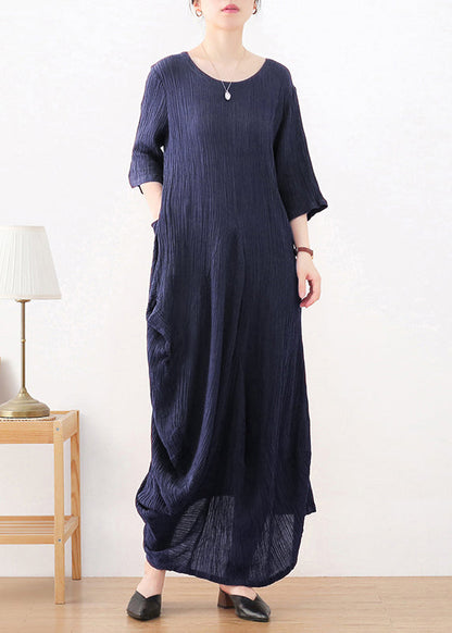 Dark Blue O-neck Asymmetrical Linen Dress Long Sleeve