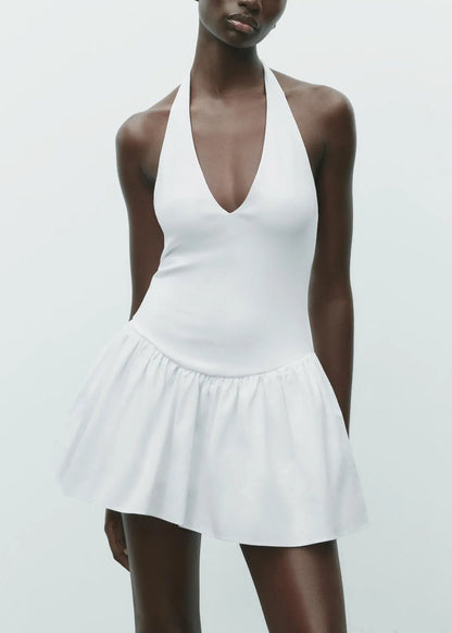 White Wrinkled Cotton Mini Dress Backless Summer