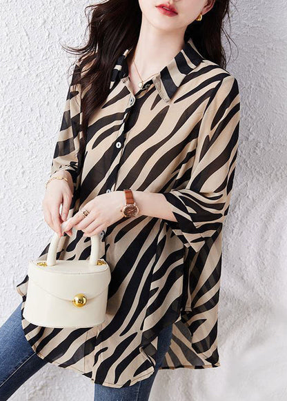 Brown Oversized Striped Chiffon Shirt Top Summer