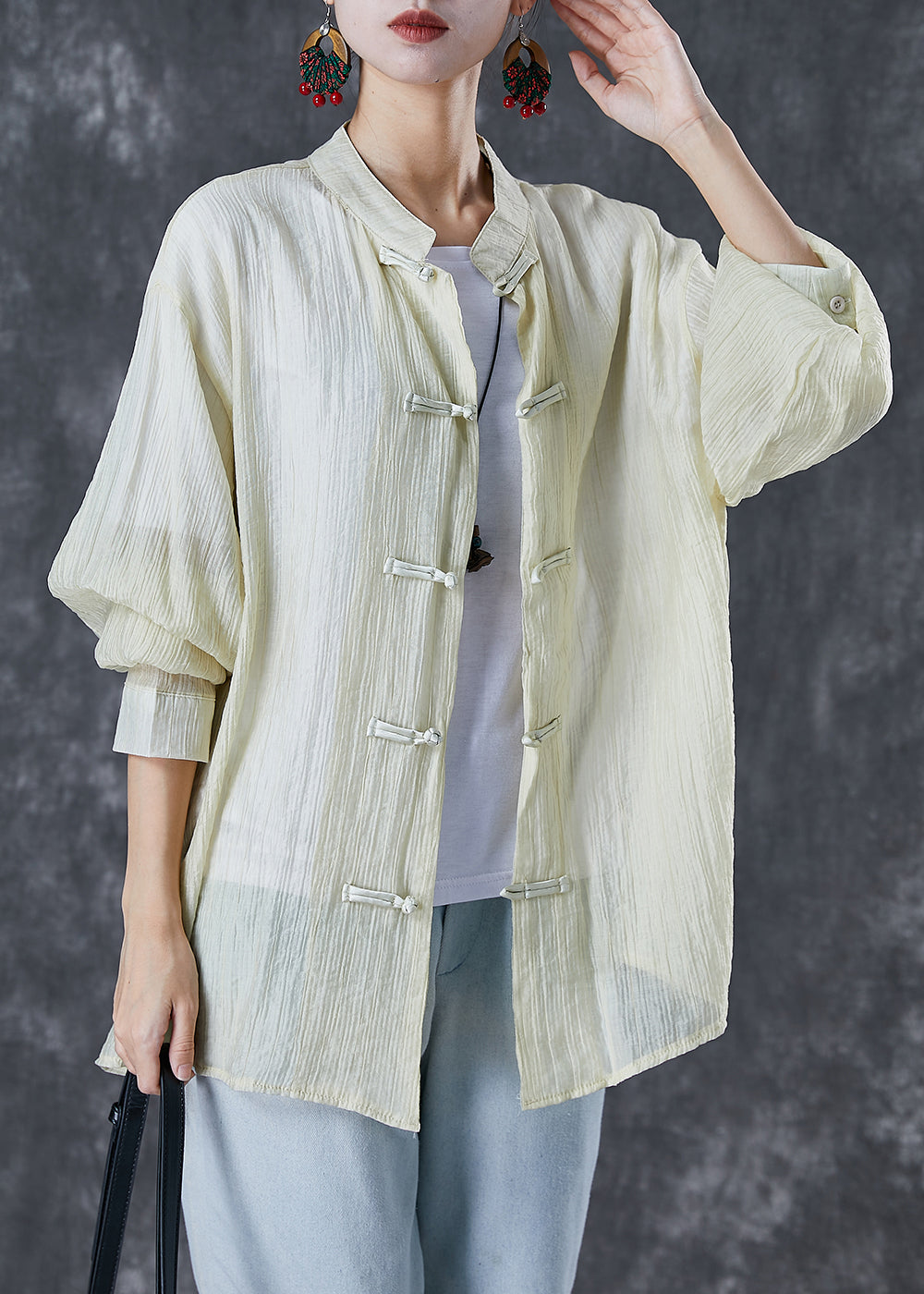 Light Yellow Mandarin Collar Chinese Button Wrinkled Cotton Shirt Fall