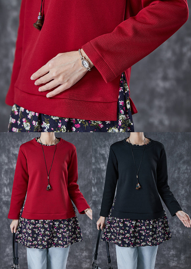 Black Patchwork Warm Fleece Fake Two Piece Blouses Winter