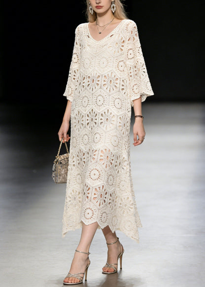 New Apricot V Neck Hollow Out Knit Long Dress Summer
