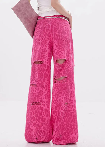 Leopard Rose Hole Pockets High Waist Denim Pants Summer