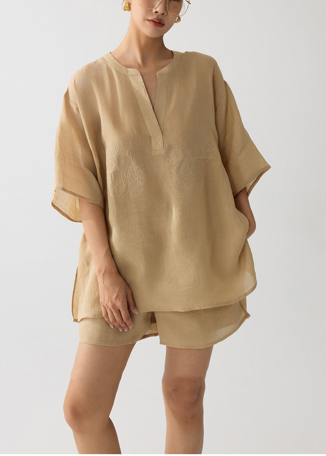 Coffee Embroidered Linen Two Pieces Set Summer
