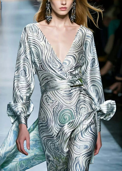 Grey Asymmetrical Striped Silk Robe Dresses Spring