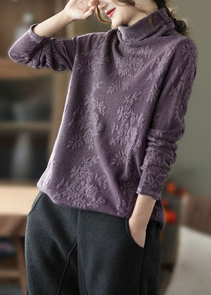 Fitted Purple Thick Knit Tops Turtle Neck Spring
