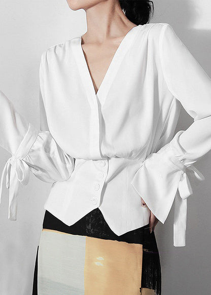 Original Design White V Neck Tunic Cotton Shirts Long Sleeve Spring