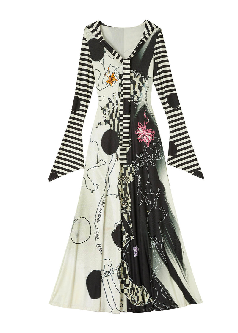 Original Design Hooded Print Cotton Dress Flare Sleeve