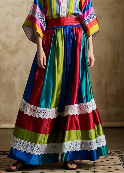 Striped Patchwork Exra Large Hem Silk Skirts Spring