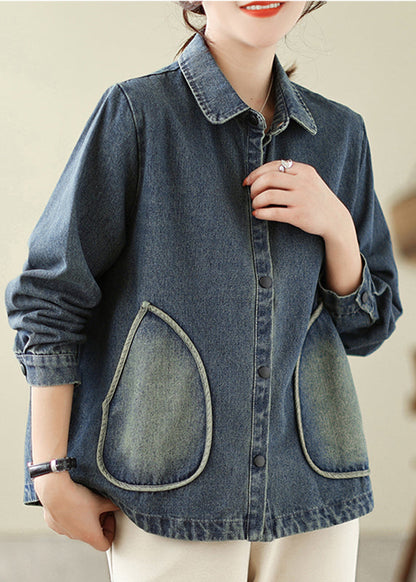 Retro Denim Blue Pockets Patchwork Coats Spring