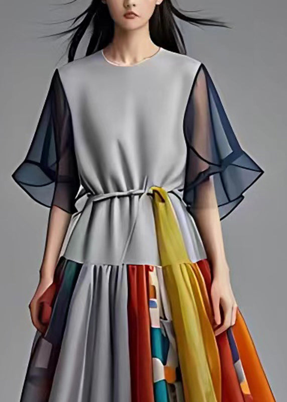 French Grey O-neck Print Wrinkled Chiffon Long Dress Summer