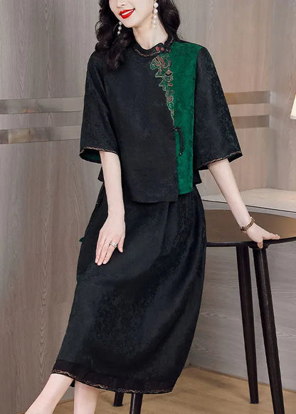 Art Black Embroideried Tops and Skirts Silk Two Piece Set Outfits Summer
