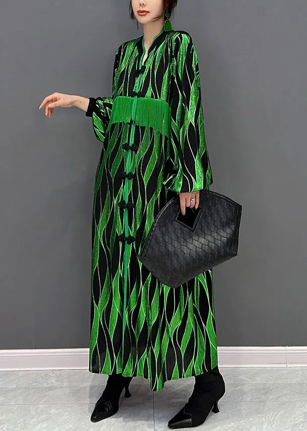 Green V Neck Patchwork Tassel Button Velour Maxi Dresses Fall