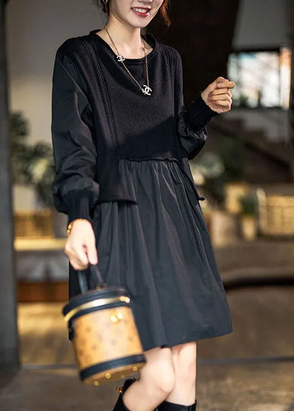 Black Asymmetrical Knit Patchwork Cotton Dresses