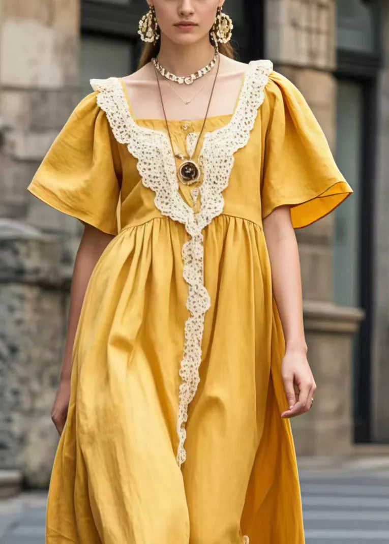 Boutique Yellow Square Collar Patchwork Lace Long Dress Summer