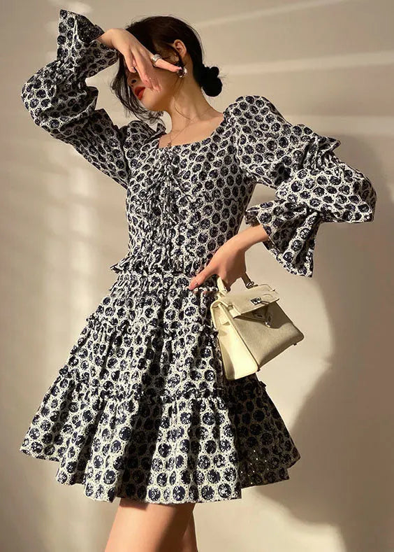 Black Print Cotton Pleated Dress Two Piece Set Clothing Lace Up Long Sleeve