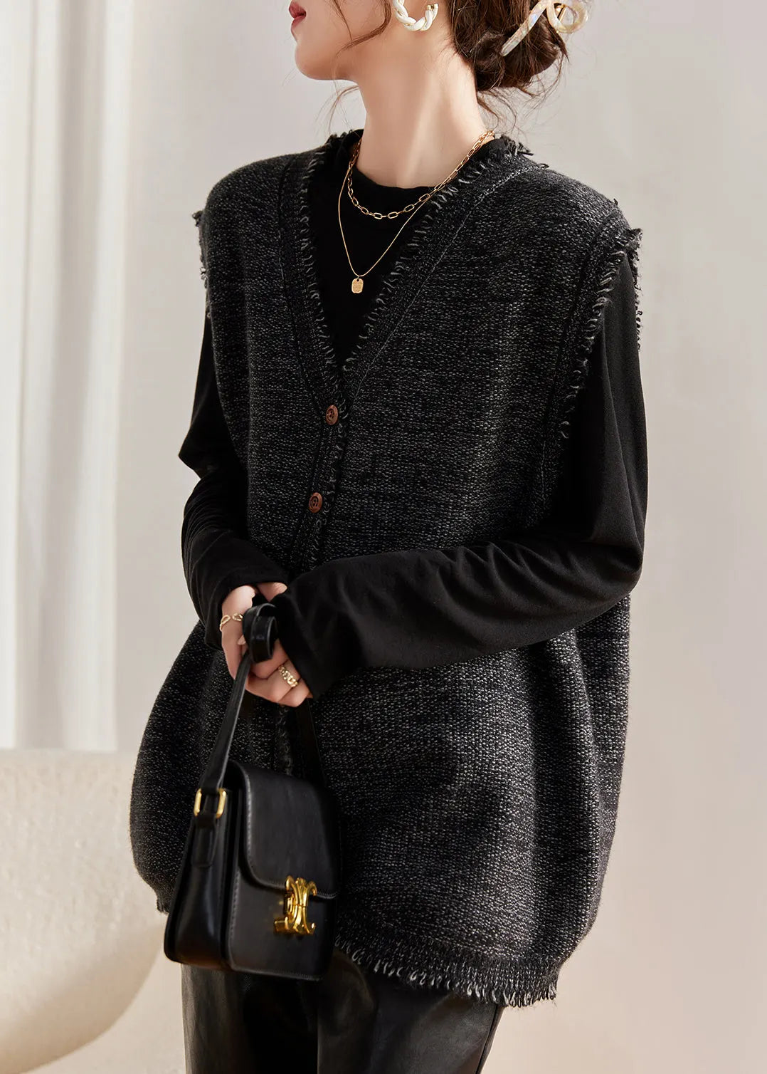 Coffee Tasseled Knit Vest and Cotton Top Two Pieces Set Winter