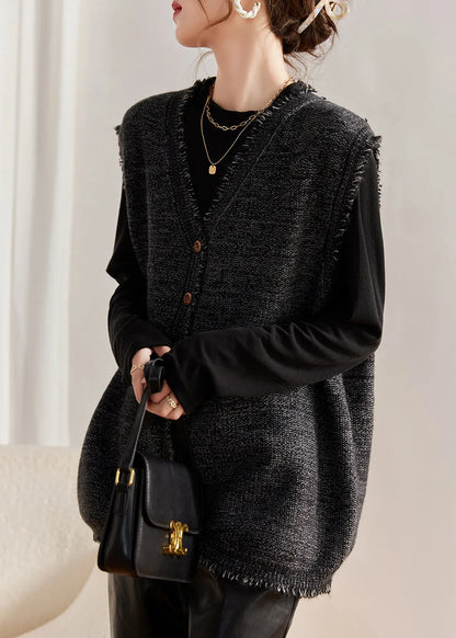 Coffee Tasseled Knit Vest and Cotton Top Two Pieces Set Winter