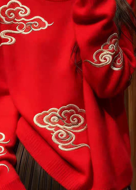Red O Neck Auspicious Clouds Cozy Knit Sweaters Fall