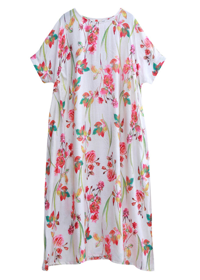 White O-neck Print Beach Dresses Short Sleeve
