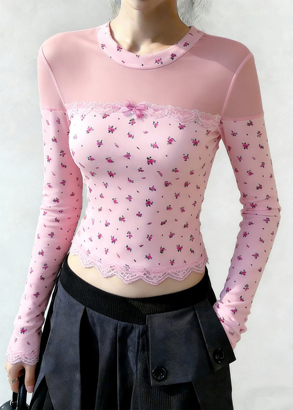 Pink Print Patchwork Tulle Shirt Tops Spring