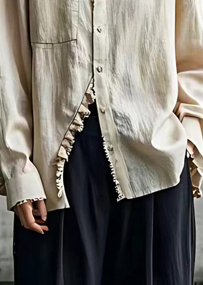 Beige Peter Pan Collar Button Shirt Long Sleeve