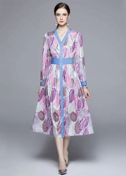 Light Purple V Neck Patchwork Print Cinch Dress Long Sleeve