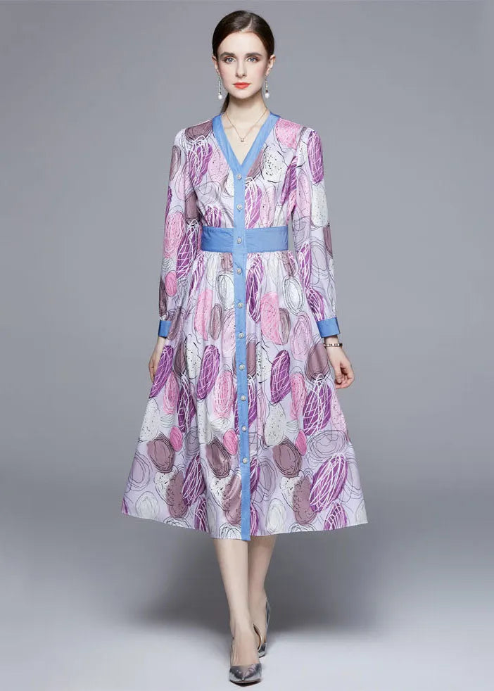 Light Purple V Neck Patchwork Print Cinch Dress Long Sleeve