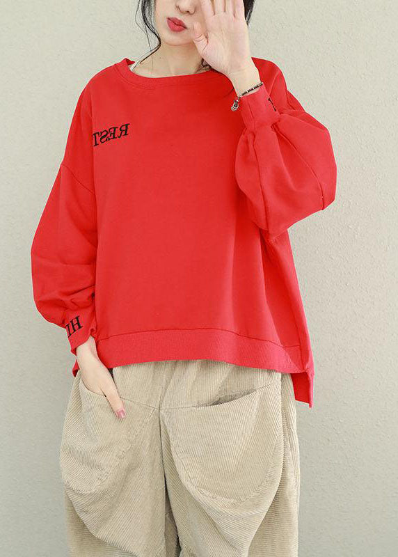 Diy Red O-neck Low High Design Cotton Pullover Street Wear Spring