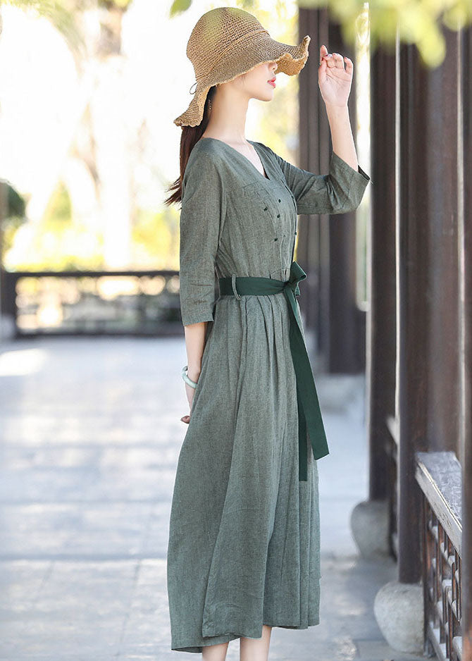 Fitted Grey Tie Waist Embroideried Wrinkled Cotton Vacation Dresses Three Quarter Sleeve